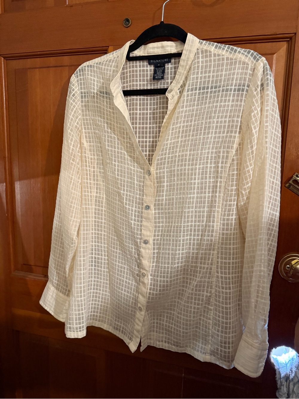 Signature Sheer Grid Button-Up Blouse - Cream & Navy